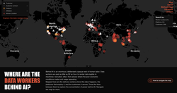 Homepage of the Power Mapping AI's Materiality Series by Cunyan Ma asking “Where are the data workers behind AI?” indicating datapoints all over the world