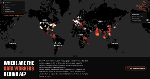 Homepage of the Power Mapping AI's Materiality Series by Cunyan Ma asking “Where are the data workers behind AI?” indicating datapoints all over the world